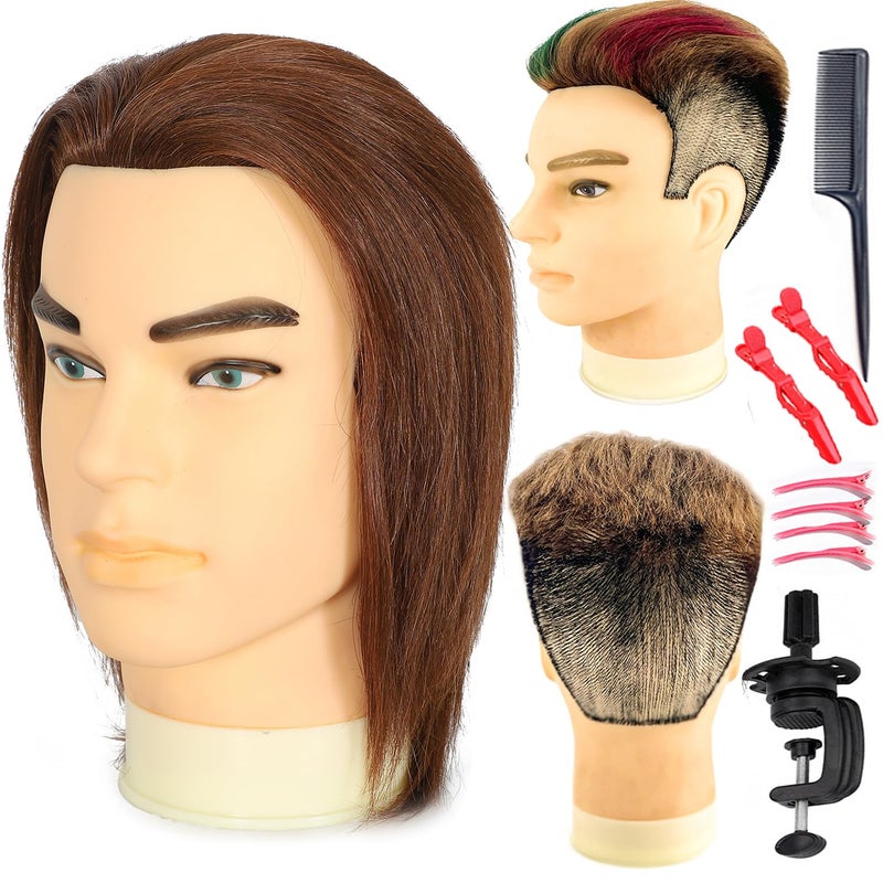 simnient Male mannequin Head 12"Barber Training Head with 100% Real Human Hair,Hairdresser training Doll manikin Head for Practicing Haircut Hair Styling With Clamp Stand - Image 1